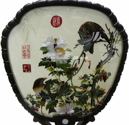 苏绣宫扇朗世宁花鸟2